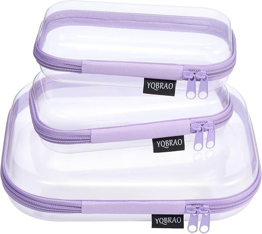 3 Pack Hard Sided Clear Zipper Case for Storage- Thickened-Grade Clear Hard Shell Zipper Case for Organizing Bead, Handicrafts, Sewing, Toiletries, Makeup (Purple)