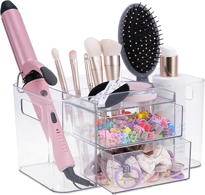 2-Drawer Hair Accessories Organizer, Large Capacity Clear Acrylic Vanity Organizer with 3 Compartments, Hair Brush Holder for Hair Ties, Clips, Scrunchies and Bobby Pins