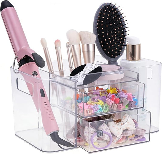 2-Drawer Hair Accessories Organizer, Large Capacity Clear Acrylic Vanity Organizer with 3 Compartments, Hair Brush Holder for Hair Ties, Clips, Scrunchies and Bobby Pins