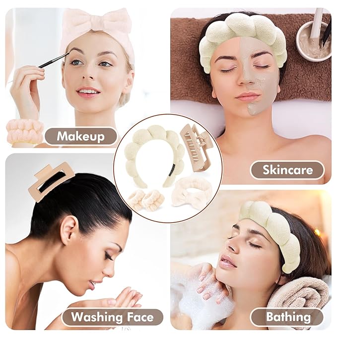 Zkptops 5Pcs Spa Headband for Washing Face Wristband Set Sponge Makeup Skincare Terry Cloth Bubble Soft Hairband Claw Clips for Thick Hair Puffy Padded Headwear Non Slip Hairs Accessory (Beige)
