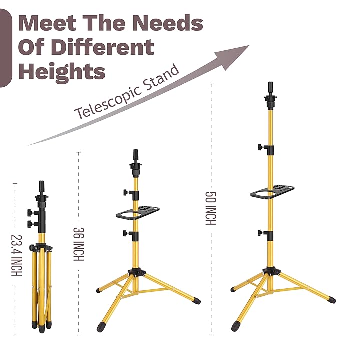 Wig Stand Tripod 50 Inch Metal Wig Mannequin Head Tripod Stand For Hairdressing Training Head Adjustable Wig Tripod Stand with Tool Tray (Golden, Mannequin Head Not Included)