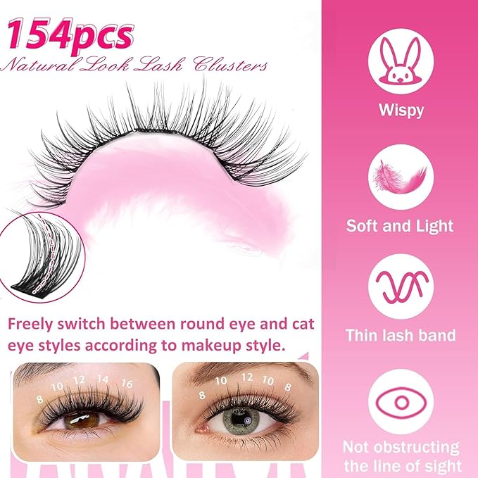DIY Lash Extension Kit Natural Look Wispy Lash Clusters D Curl Lash Clusters with Lash Brush 8-16 mm Eyelash Extension Kit Individual Lashes Lash Cluster Kit For Beginners (No Glue)