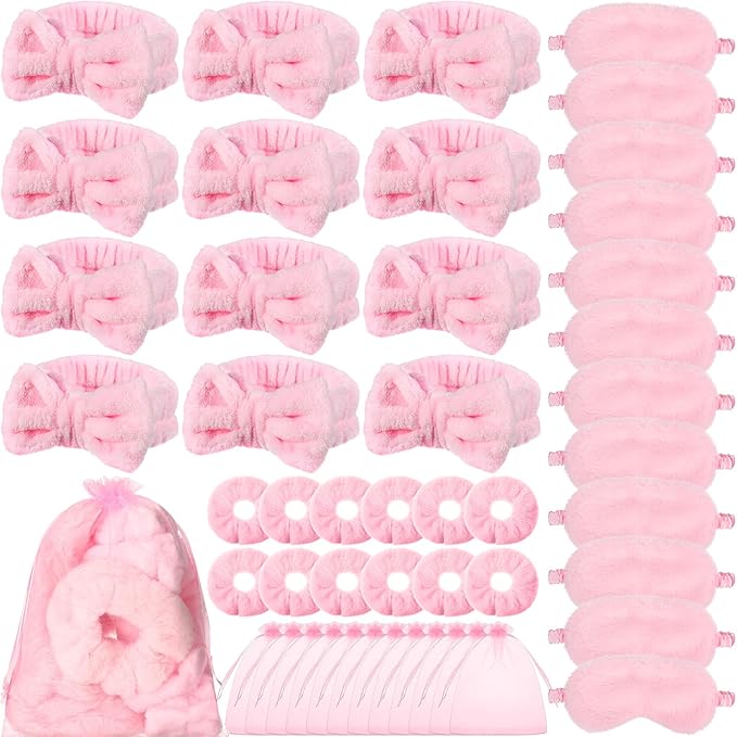 Mimorou 48 Pieces Galentine Spa Party Supplies 12 Spa Headband 12 Plush Sleep Eye Mask 12 Velvet Scrunchies 12 Organza Bags for Sleepover Slumber Party Favors Valentine Gift(Pink)