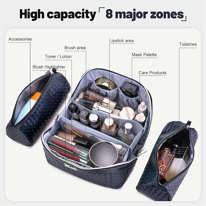 BOYATU Travel Makeup Bag Cosmetic Bags for Women: Large Capacity 3 Pcs Set Make up Bag with Compartments - Waterproof Vegan Leather Toiletry Organizer Bags with Handle (L34 Dark Blue)