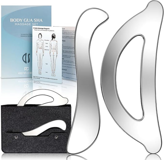 Rena Chris Muscle Scraper Tool Set - Stainless Steel Gua Sha for Physical Therapy & Deep Tissue Massage, Body Gua Sha Tools with Travel Pouch (2-Piece Kit)