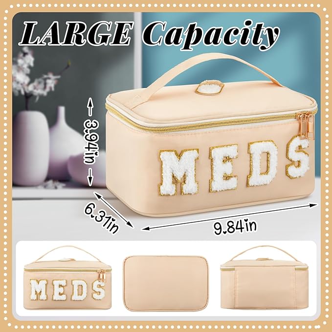Geetery Clear Makeup Bag Chenille Letter Meds Bag Travel Cases Preppy Patch with Zipper, Portable Cosmetic Toiletry Storage case for Women(Meds,Cream)