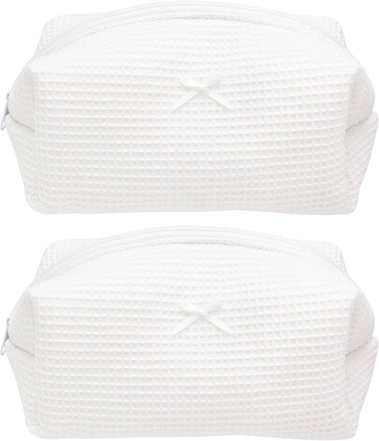 PAZIMIIK 2PCS Cozy Makeup Bag Travel Cosmetic Bag for Women Soft Toiletry Bag Aesthetic Makeup Organizer Portable Large Zipper Pouch for Skincare Beauty Accessories Brushes Waffle Check White