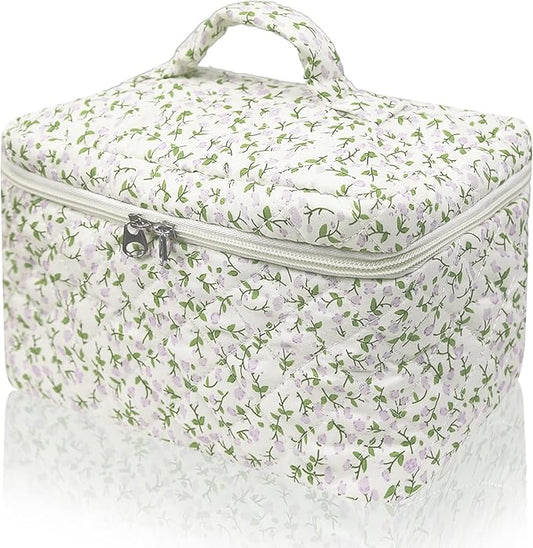 Gosect 1pc Large Makeup Bag, Cute Cosmetic Bag for Women Girls, Floral Coquette Aesthetic Toiletry Bag, Travel Make Up Organizer Bag (Purple Floral Print