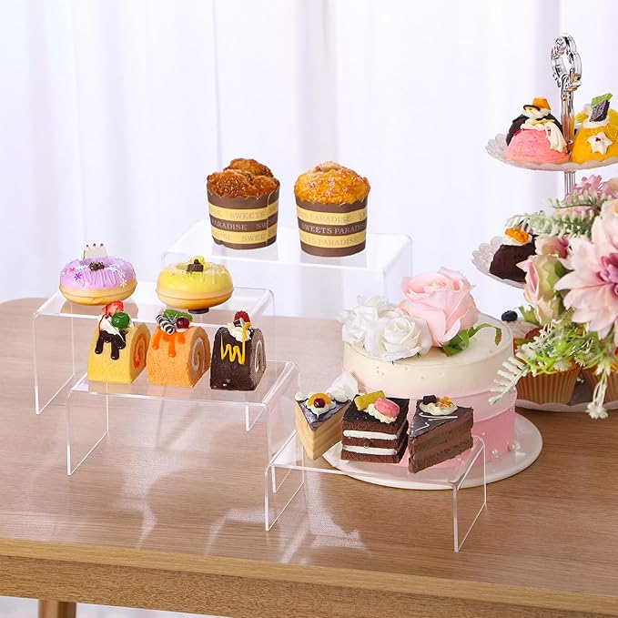 Chuangdi 20 Pcs Acrylic Display Risers, Clear Product Stand, Jewelry Display Riser Shelf Showcase Fixtures for Figure Dessert Cupcake Candy Action Showcase(Extra Large Set)