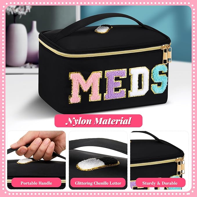 Geetery Clear Makeup Bag Chenille Letter Meds Bag Travel Cases Preppy Patch with Zipper, Portable Cosmetic Toiletry Storage case for Women(Meds,Black)