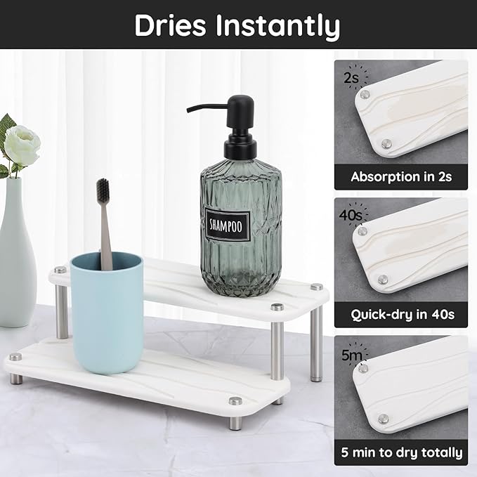 Segbeauty 2 Tier Fast Dry Diatomaceous Vanity Tray, 11x4.3in Water Absorbing Stone Drying Tray, Quick Drying Bathroom Counter Dish Soap Dispenser Rack, Kitchen Counter Sink Organizer Sponge Holder