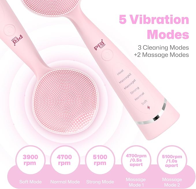 PRITECH Facial Cleansing Brush with 42° Constant‑Temperature Heating – Rechargeable Silicone Face Scrubber for Deep Pore Cleaning, Waterproof Vibrating Exfoliator for Women & Men (Pink)