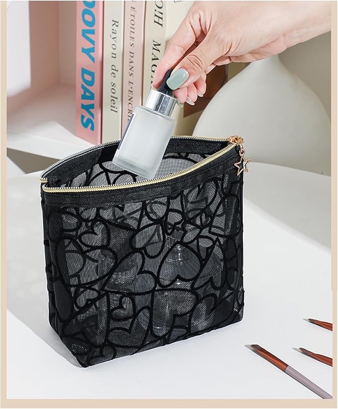 3-Piece Mesh Makeup Bag Set Flocking Heart Printed, Portable Travel Mesh Cosmetic Bags Toiletry Bags Makeup Purse Bags Five-pointed star zipper pull Storage Pouches, for Home Travel