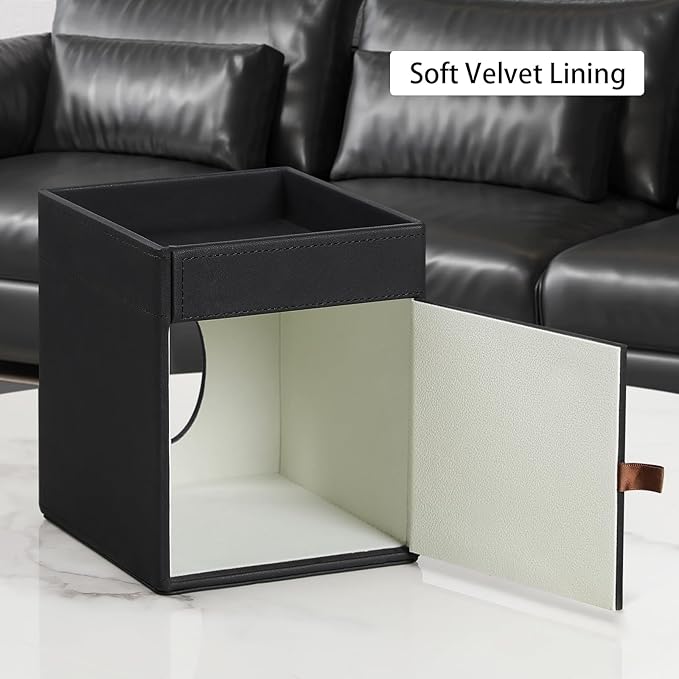 Tissue Box Cover, PU Leather Square Tissue Box Holder with Storage Tray for Bathroom Vanity Countertop Night Stands Bedroom Office Desk, Stylish Tissue Holder Decorative Organizer (Black)