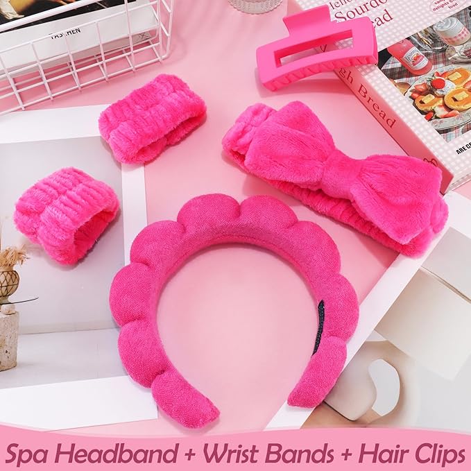 Canitor Spa Headband Wrist Bands Set with Hair Clips Skincare Skin Care Makeup for Washing Face Hot Pink Gifts for Women Preppy Tween Teen Girl Cute Trendy Stuff