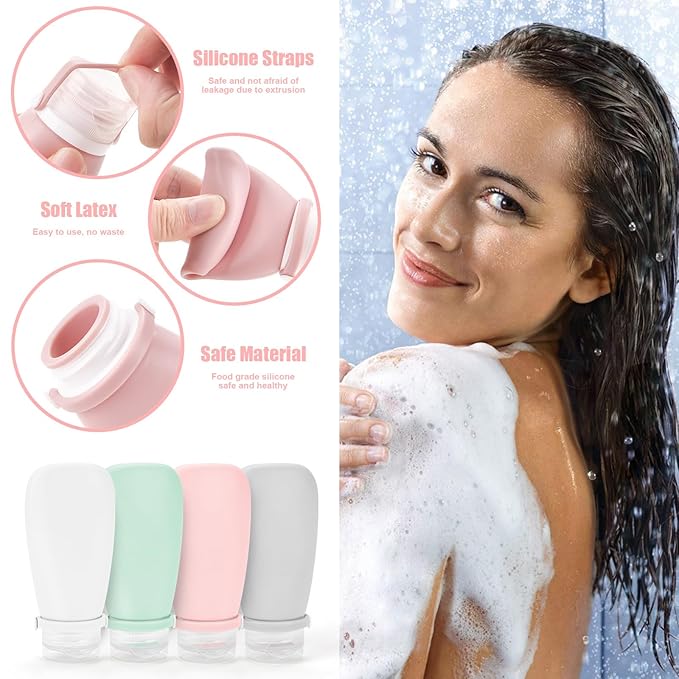 18 Pcs Travel Bottles for Toiletries Gym TSA Approved, Leak Proof with Bandage Silicone Squeezable 3oz for Toner Shampoo Conditioner Lotion Body Wash with Toothbrush Cover Tag and Wash Bag