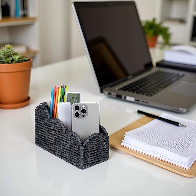 CubesLand Bedside Table Desk Organizer Caddy, Remote Pen&Pencil Holder Cup, Makeup Brush Holder w/Scalloped Perfect for Home, Office Desk, Living Room Table Decor, 3 Slots Black