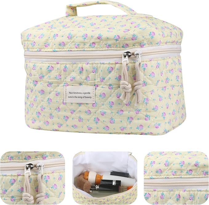 VIWIME Makeup Cosmetic Bag, Large Cotton Quilted Travel Coquette Aesthetic Cute Floral Make up Bag for Women Toiletry Bag Organizer (201- Purple Rose/ 4Pcs)