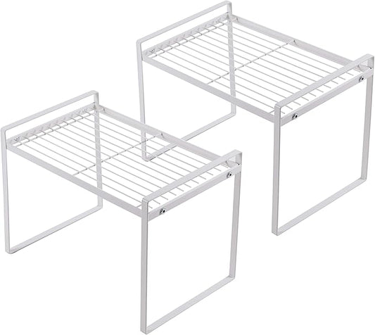 2pk Kitchen Cabinet Shelf Counter Organizer Rack Pantry Storage Bathroom Bedroom Office Table Desk Space Saving Steel Frame Stackable Rust Resistant Non Slip White-Tall- L13in W8.3in H9.5in