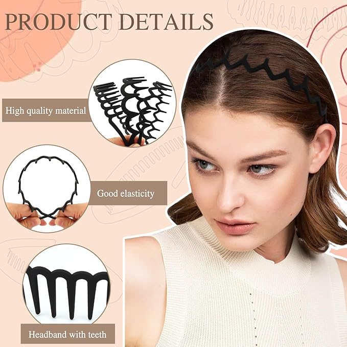 12Pcs Black Zigzag Headbands with Teeth for Women's Hair Non Slip, Plastic Wavy Skinny Head Bands Comb Fashion Hair Accessories–6 Styles, Versatile Use