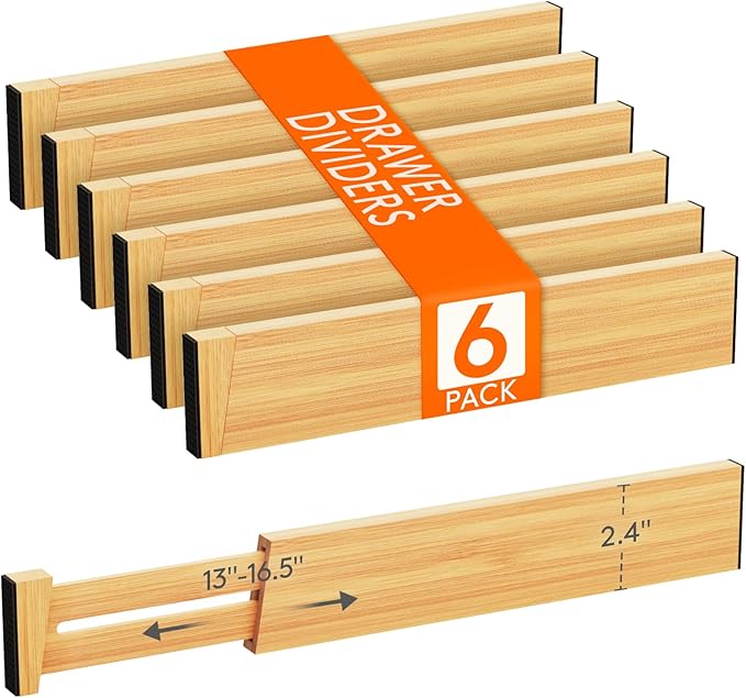 Lifewit 6 Pack Bamboo Drawer Dividers 2.4" High, 13-16.5" Kitchen Drawer Organizers, Adjustable Wooden Drawer Dividers for Clothes, Expandable Drawer Separators for Dresser, Bedroom, Bathroom, Cabinet