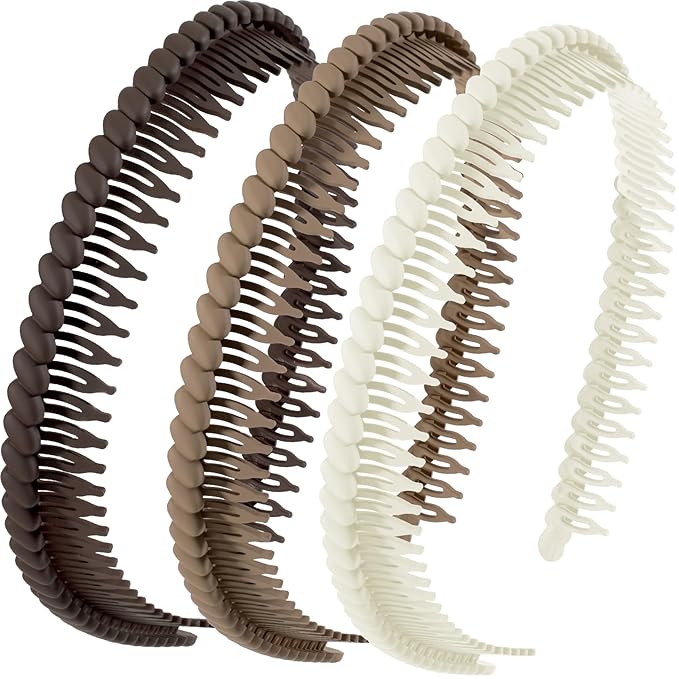 3 Pcs Headband with Teeth, Comfortable Headbands for Women with Teeth, Fashion Comb Headband, Plastic Head Bands for Women's Hair Non Slip (4.3''×0.7'', Coffee, White, Khaki)