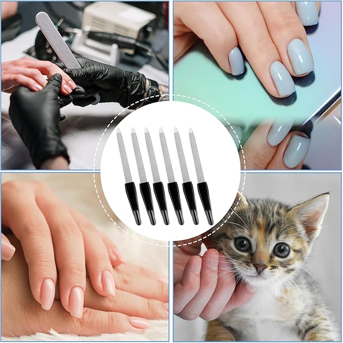Metal Nail Files Made of Stainless Steel with Sharp Pointed Tip Non Slip Handle, Double Sided Sapphire Grit for Natural Nails Fingernails Toenail limas de uñas metálicas Color Black (6 Pcs)