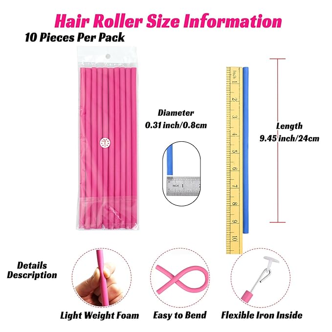 Royota Heatless Curling Rod, Soft Skinny Small Flexi Rod 9.45" 30 Pieces Flexible Twist Foam Tight Curl Hair Roller for Women Girls Long Short Hair (0.31" Diameter, Pink)