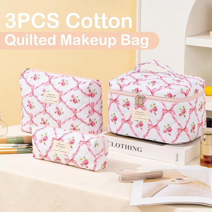 Makeup Bag for Women 3PCS Quilted Cotton Make Up Bag Travel Cosmetic Bag Large Makeup Bag Set Cute Bow Makeups Organizer Floral Toiletry Pouch for Purse, Pink