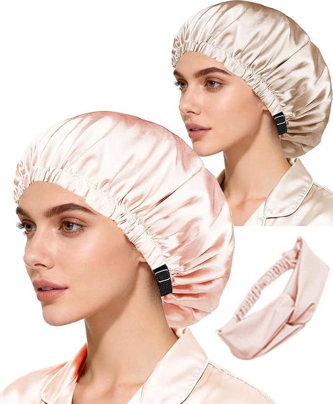 Hair Bonnets 3Pcs Satin Bonnet For Sleeping Silky Bonnets Womens Silk Bonnet Night Caps Curly Hair Sleep Cap For Women