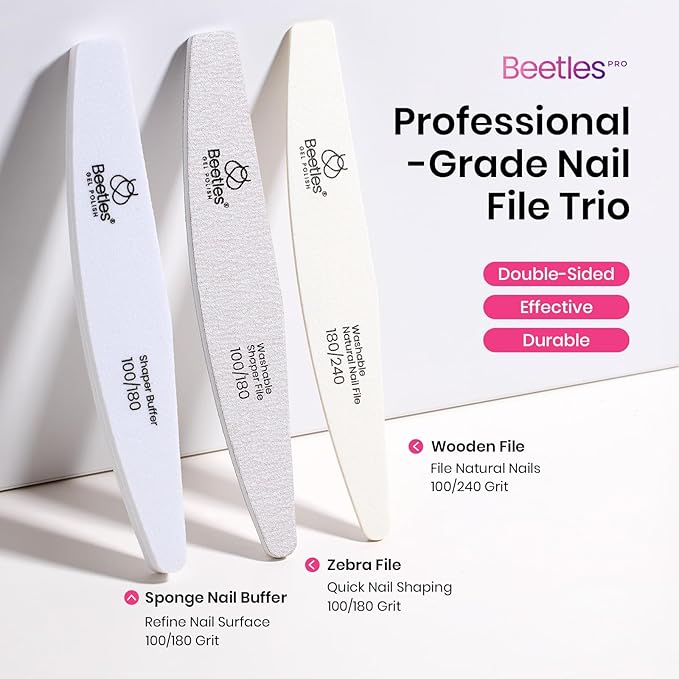 Beetles Pro 3-Pcs Nail File Nail Buffer - Professional 100/180/240 Grit Nails Files and Buffers Double Sided Washable Shaper Files for Acrylic, Gel & Natural Nails – Salon Quality Manicure Tool
