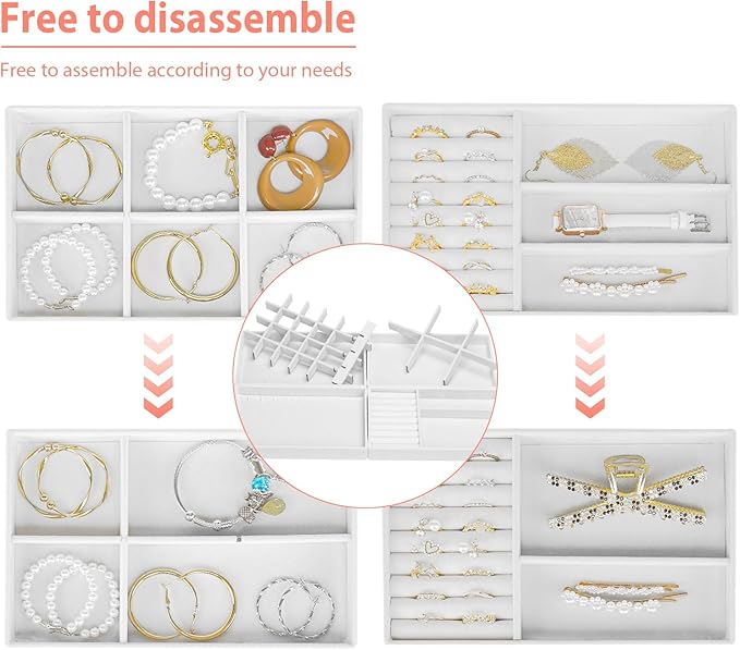 Cirhy 4 Stackable Jewelry Organizer Trays for Drawer, White Velvet Jewelry Drawer Inserts for Necklaces Rings Earrings & Bracelets, Elegant Jewelry Storage Tray & Display Case, Gift for Women