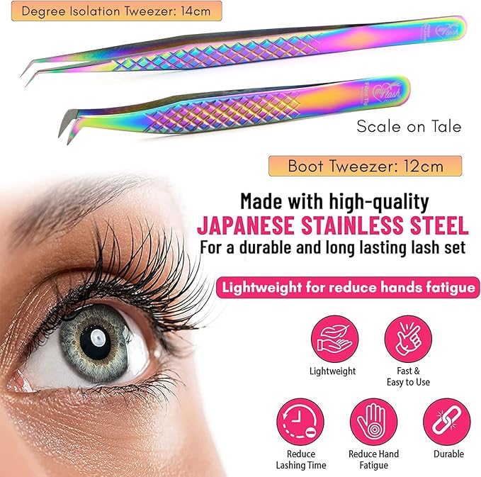 2pcs Fiber Tip Lash Tweezer Set – Boot Volume Tweezer & Isolation Tweezer, Professional Eyelash Extension Tools, Stainless Steel Non-Slip Grip for Classic, Volume & Mega Volume Lashes (Multi)