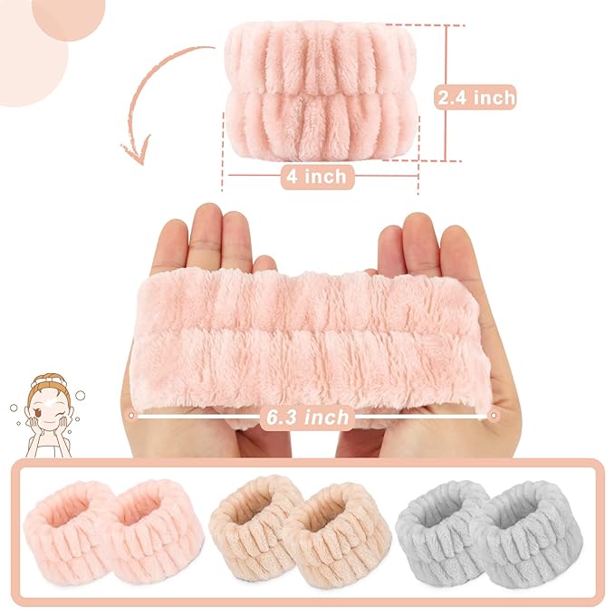 Women's Wrist Towels for Washing Face, Microfiber Spa Wash Towel Band, Absorbent Wristbands, Sweatband for Girls Prevent Water from Spilling Down Your Arms 6PCS