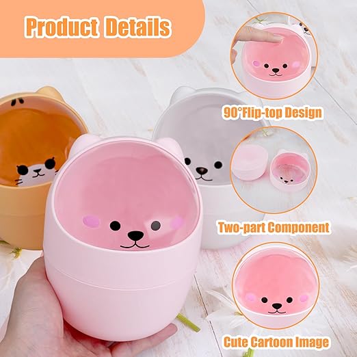 Cute Desktop Tiny Trash Can with Flip Lid, Creative Kawaii Bear Mini Wastebasket, Portable Countertop Dustbin for Office Kitchen Vanity Tabletop Bedroom (Pink)