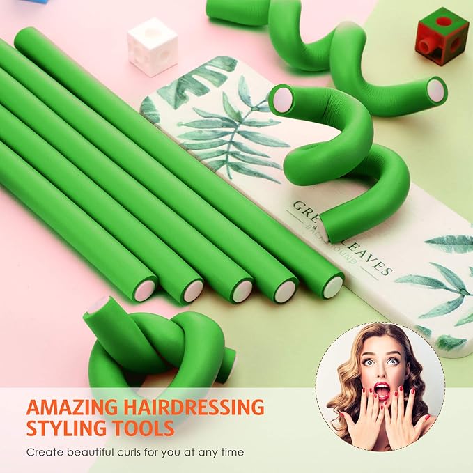 Syhood 30 Pcs Flexible Curling Rods 9.45 Twist Foam Rollers Soft Foam No Heat Hair Rods Rollers and 1 Steel Pintail Comb Rat Tail Comb for Women Long Short Hair(Green,9.45 x 0.79 Inch)