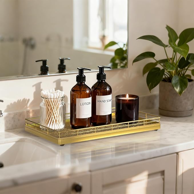 Large Bathroom Vanity Tray – 13" x 8" Oak Decorative Wooden Tray for Bathroom Countertop & Vanity Organizer, Rectangular Wood Tray for Perfume, Skincare, Storage, Vanity Dresser Counter Decor, Gold