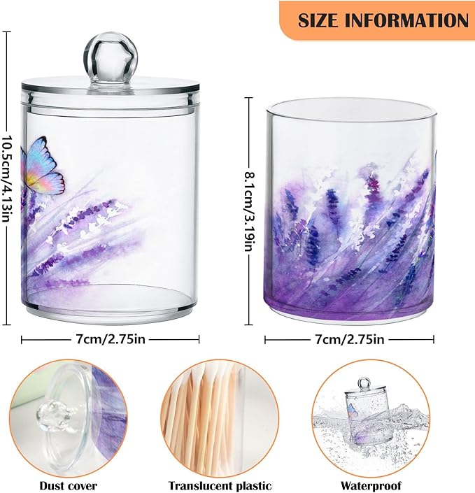 4 Pack Qtip Holder Dispenser Lavender Butterfly Purple Bathroom Storage Canister Lid Acrylic Plastic Apothecary Jar Set Vanity Makeup Organizer for Cotton Swab/Ball/Pad/Floss