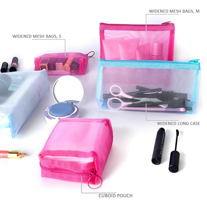 patu Zipper Mesh Bags, Portable Mini Case, Size S, 5" x 4" x 2", 5 Pieces, Beauty Makeup Cosmetic Accessories Organizer, Small Travel Toiletry Kit Set Storage Cuboid Pouch, Assorted Colors