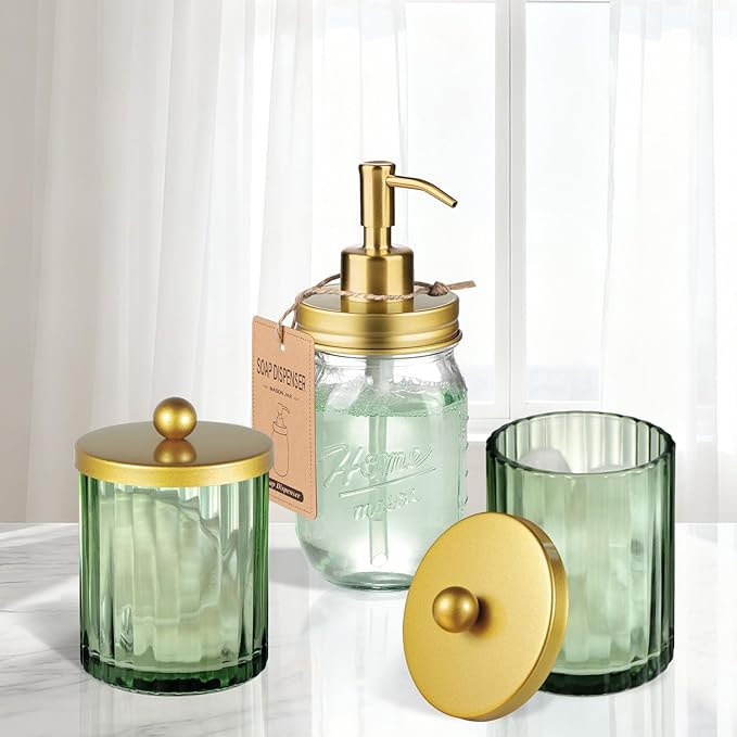 Amolliar Sage Green Glass Qtip Holder Dispenser, Bathroom Canister Apothecary Jar for Cotton Swabs, Cotton Balls, Round Pads, Floss Picks, Countertop Storage Organizer Container for Vanity,Gold 2 Pack