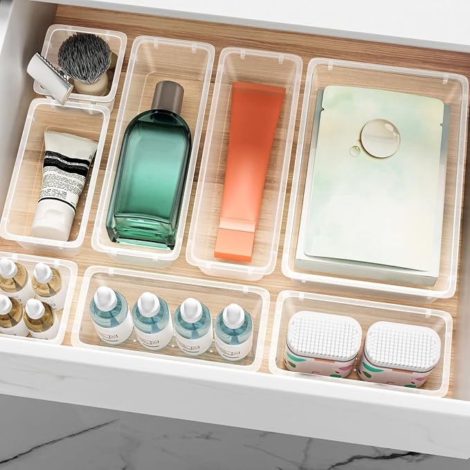 12 PCS Drawer Organizer Set, 4 Sizes Tool Storage Trays, Clear Plastic Makeup Vanity Organizer and Storage Bins for Makeup, Stationeries, Multiple Gadgets for Bathroom, Office, Bedroom