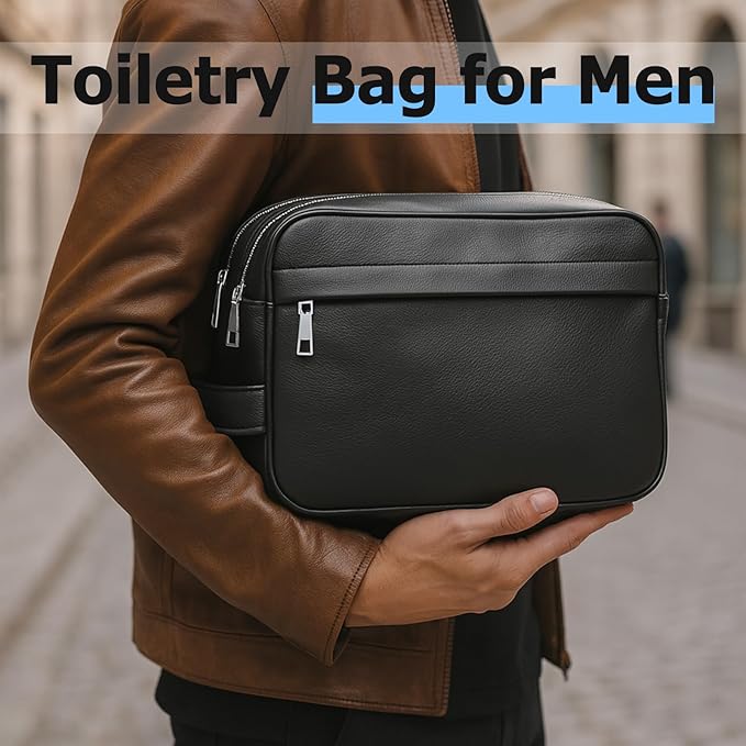 MIRASON Travel Toiletry Bag for Men Leather Travel Bag for Toiletries, Dopp Kit Water-resistant Shower Bag for Shaving Bathroom Organizer Gifts for Men, Black