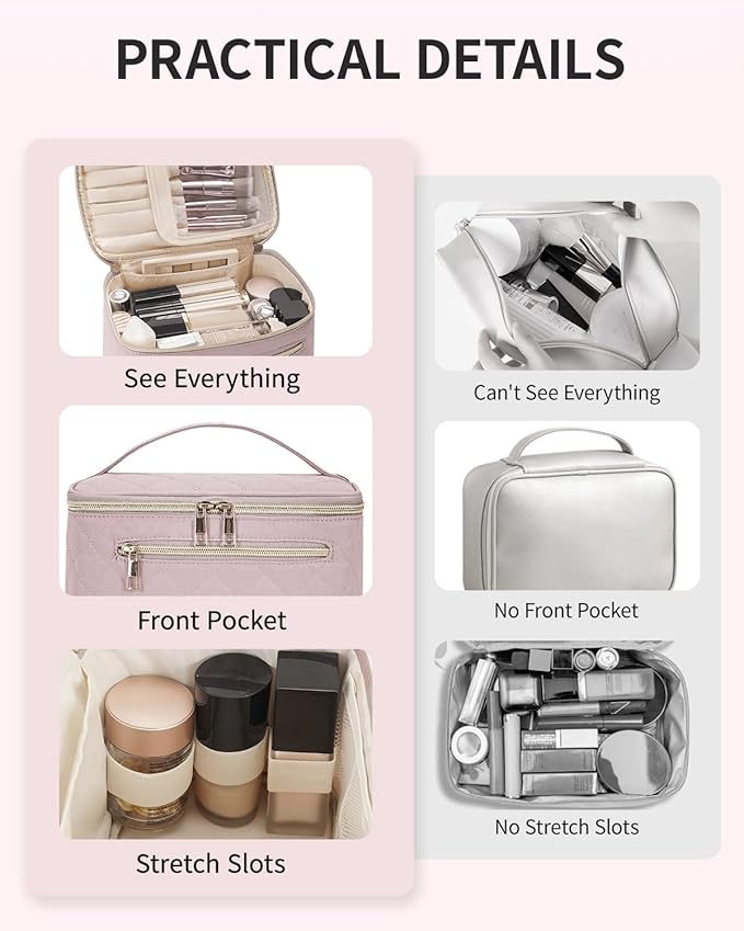 Wandering Nature Makeup Bag, Travel Make Up Organizer Cosmetic Brush Bags Case for Women in Quilted Fabric, Pink, Patent Pending