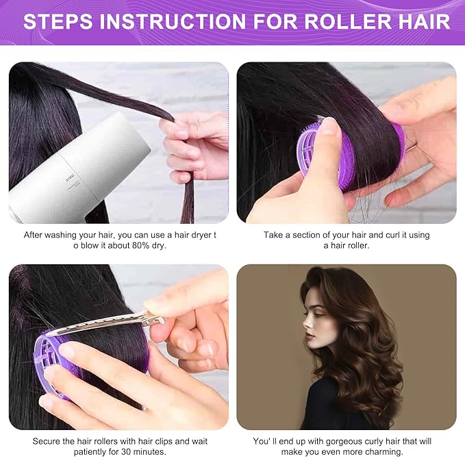 4 Sizes Hair Rollers for Women Set - 50 Pcs Hair Curler Rollers with Clips, Self Grip Hair Rollers for Long, Short Hair and Bangs, 25mm, 36mm, 48mm, 60mm, Purple