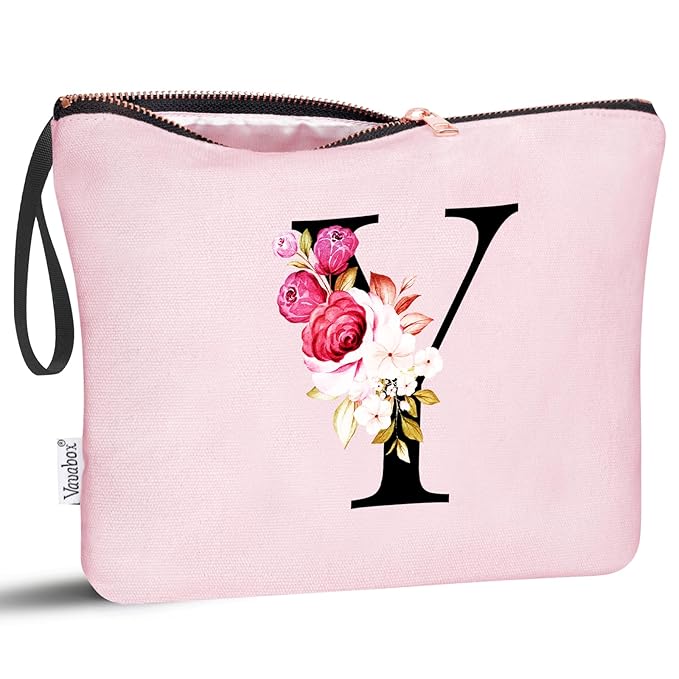 Vavabox A-Z Personalized Makeup Bag, Birthday Gifts for Women Mom, Gifts for Best Friend, Bride Bridesmaid Cosmetic bag (Y, Pink)
