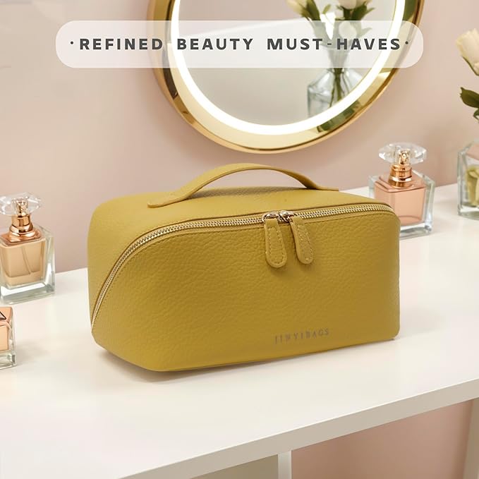 JINYIBAGS Travel Makeup Bag – Large Cosmetic Organizer with Waterproof PU Leather, Smooth Double Zipper & Tear-Resistant Lining, Toiletry Pouch for Women (Yellow)