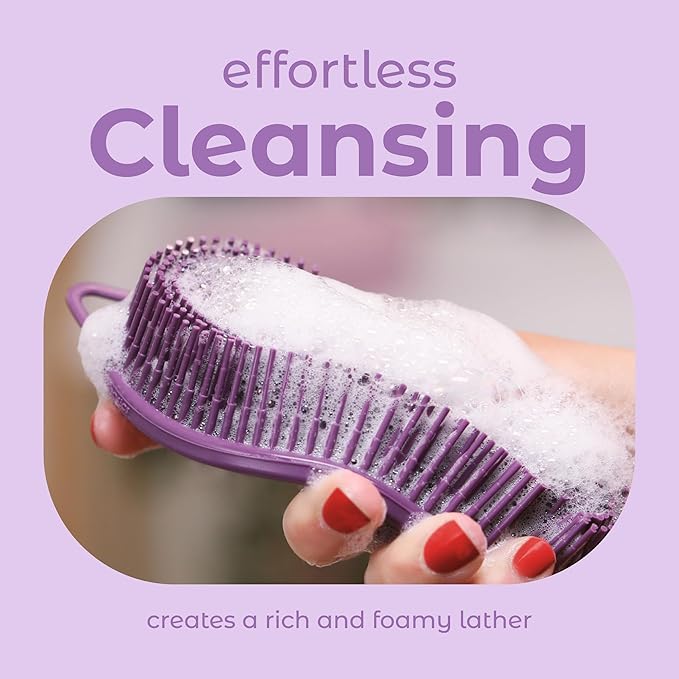 MainBasics Silicone Body Scrubber Dual-Sided Shower Loofah and Scalp Scrubber (Purple, Scalp)