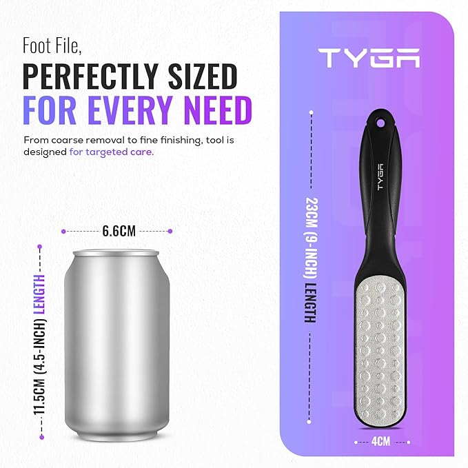 TYGA Double-Sided Foot File, Coarse & Fine, Dry & Wet, Stainless Steel, Pedicure Care Tool, Callus Remover for Feet, Multidirectional Nickel, Hard Skin Removal, Washable, Spa and Skin Care (Black)