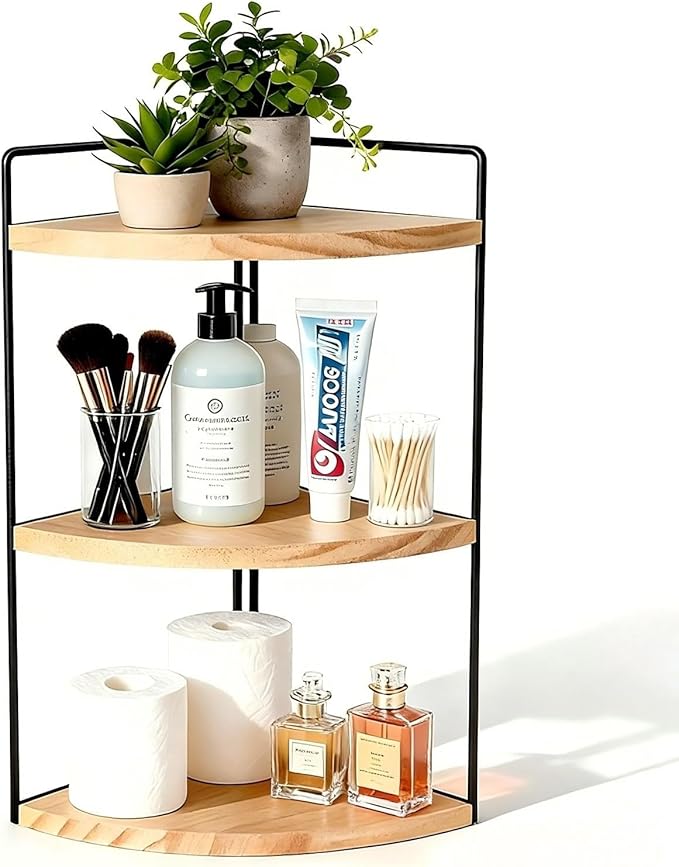 3-Tier Bathroom Corner Counter Organizer, Solid Wood Countertop Organizer, 3-Coat Waterproof Paint & Sturdy Metal Frames | Space-Saving Vanity Storage for Toiletries/Cosmetics (Natural)