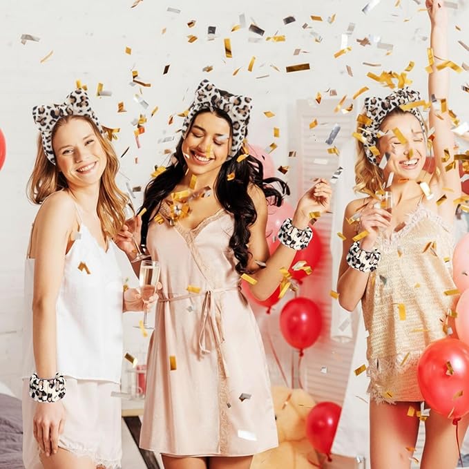 Hoteam 10 Pcs Galentine Spa Party Supplies Valentine Gift Set Sleepover Party Favor Spa Headband Wristband Sleep Eye Mask Velvet Scrunchies for Skin Care Makeup Slumber Night Favor(Leopard Print)